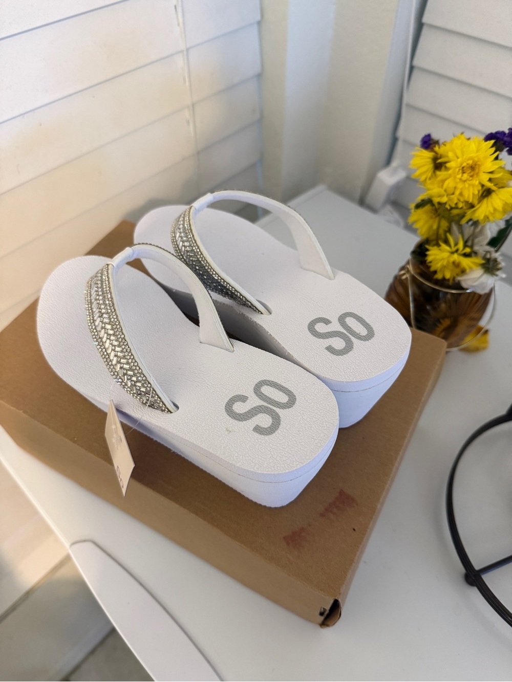 SO White Platform Flip Flops with Silver Rhinestone Straps